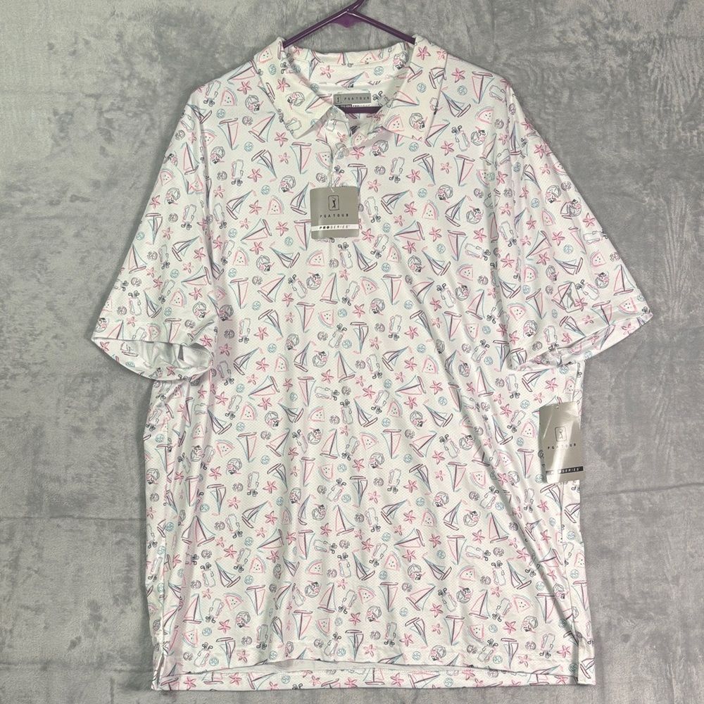 NWT New PGA Tour White Pink Blue Boats Clubs Golf Polo Short Sleeve Size XXL